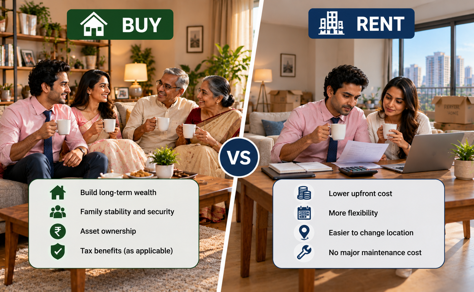 Buying vs renting house- Buying vs renting house in India, comparing a multigenerational family enjoying tea in their home with a couple reviewing rental paperwork.