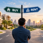 Buying vs renting house in India, showing a modern home, apartment buildings and a choice between buying and renting.