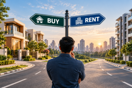 Buying vs renting house in India, showing a modern home, apartment buildings and a choice between buying and renting.