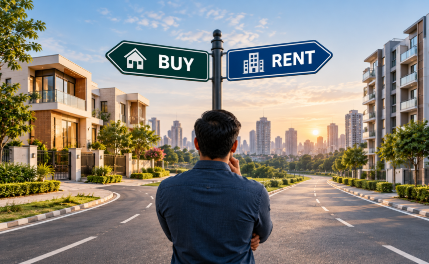 Buying vs renting house in India, showing a modern home, apartment buildings and a choice between buying and renting.