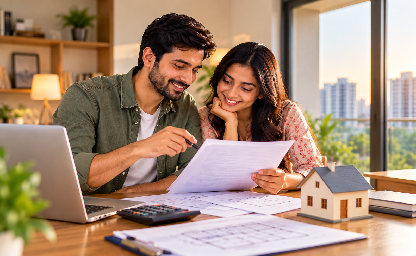 Property buying checklist India: Couple reviewing home-buying documents and floor plans