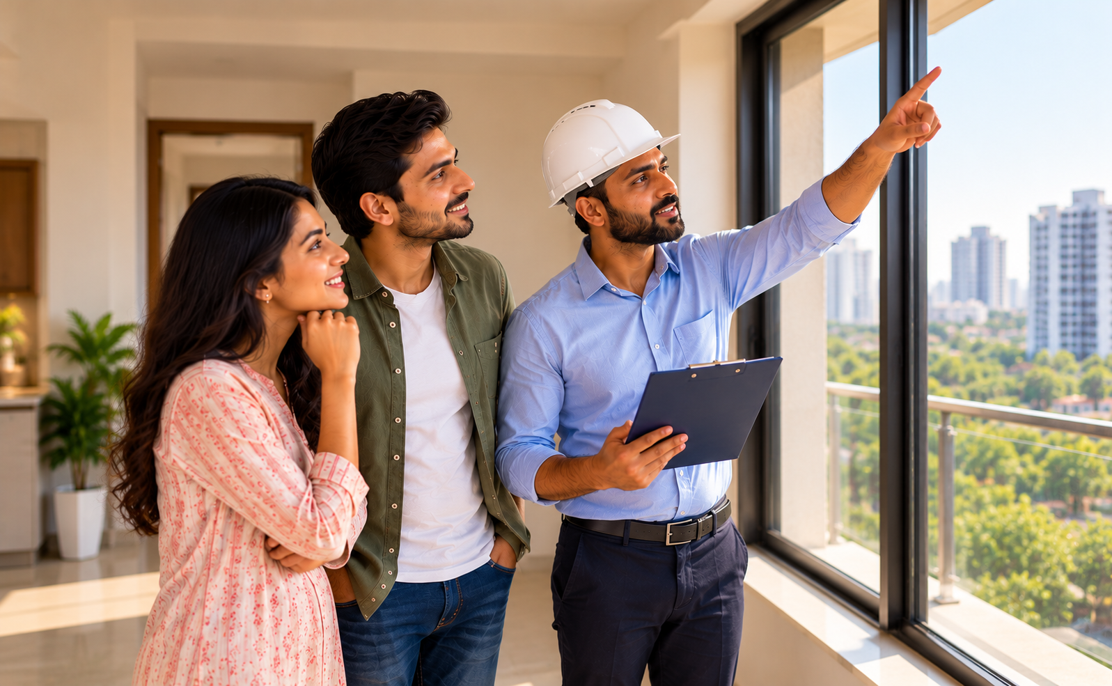 Property buying checklist India: Couple inspecting a modern apartment with a property inspector