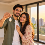 Property buying checklist India: First-time homebuyers celebrating their new home in a modern apartment