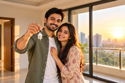 Property buying checklist India: First-time homebuyers celebrating their new home in a modern apartment