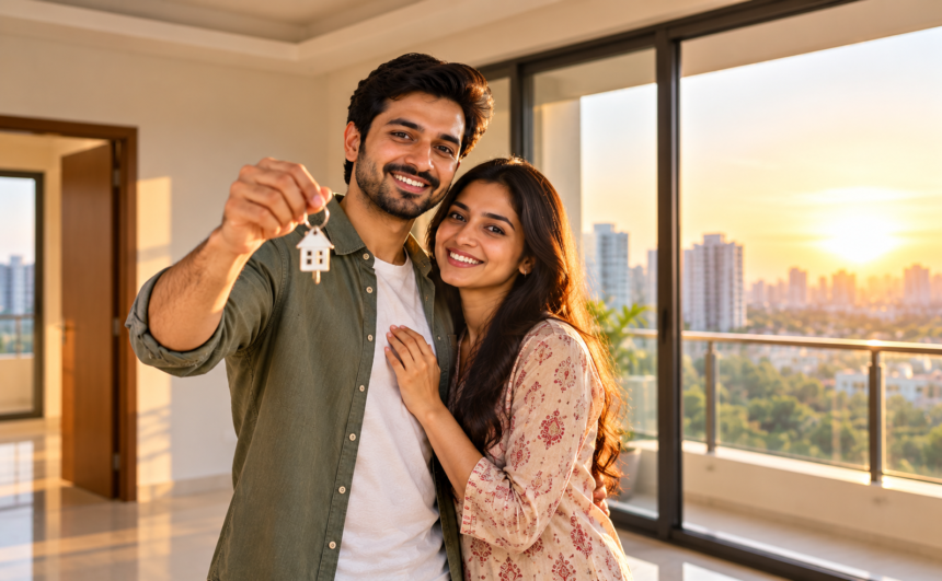 Property buying checklist India: First-time homebuyers celebrating their new home in a modern apartment